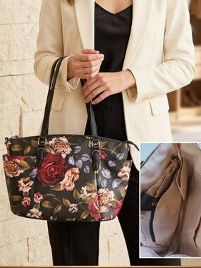 Bolso bandolera floral Dana Buchman | Bolso de hombro de lujo negro y rosa en ex